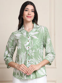 Sage Green Tropical Print Pure Cotton Shirt Style Top