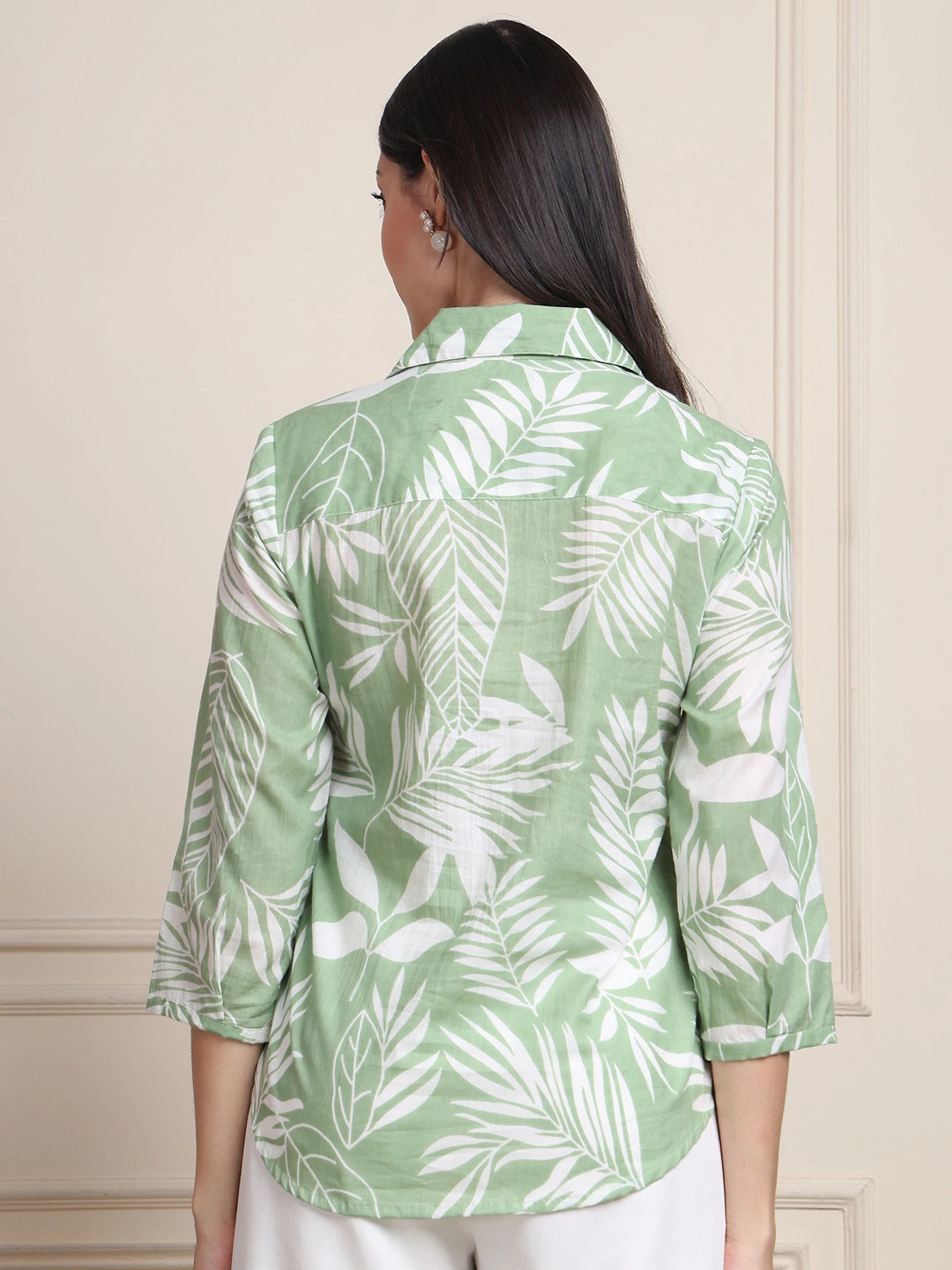 Sage Green Tropical Print Pure Cotton Shirt Style Top
