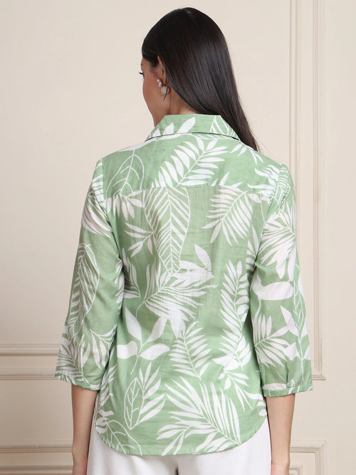 Sage Green Tropical Print Pure Cotton Shirt Style Top
