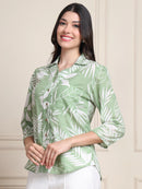 Sage Green Tropical Print Pure Cotton Shirt Style Top