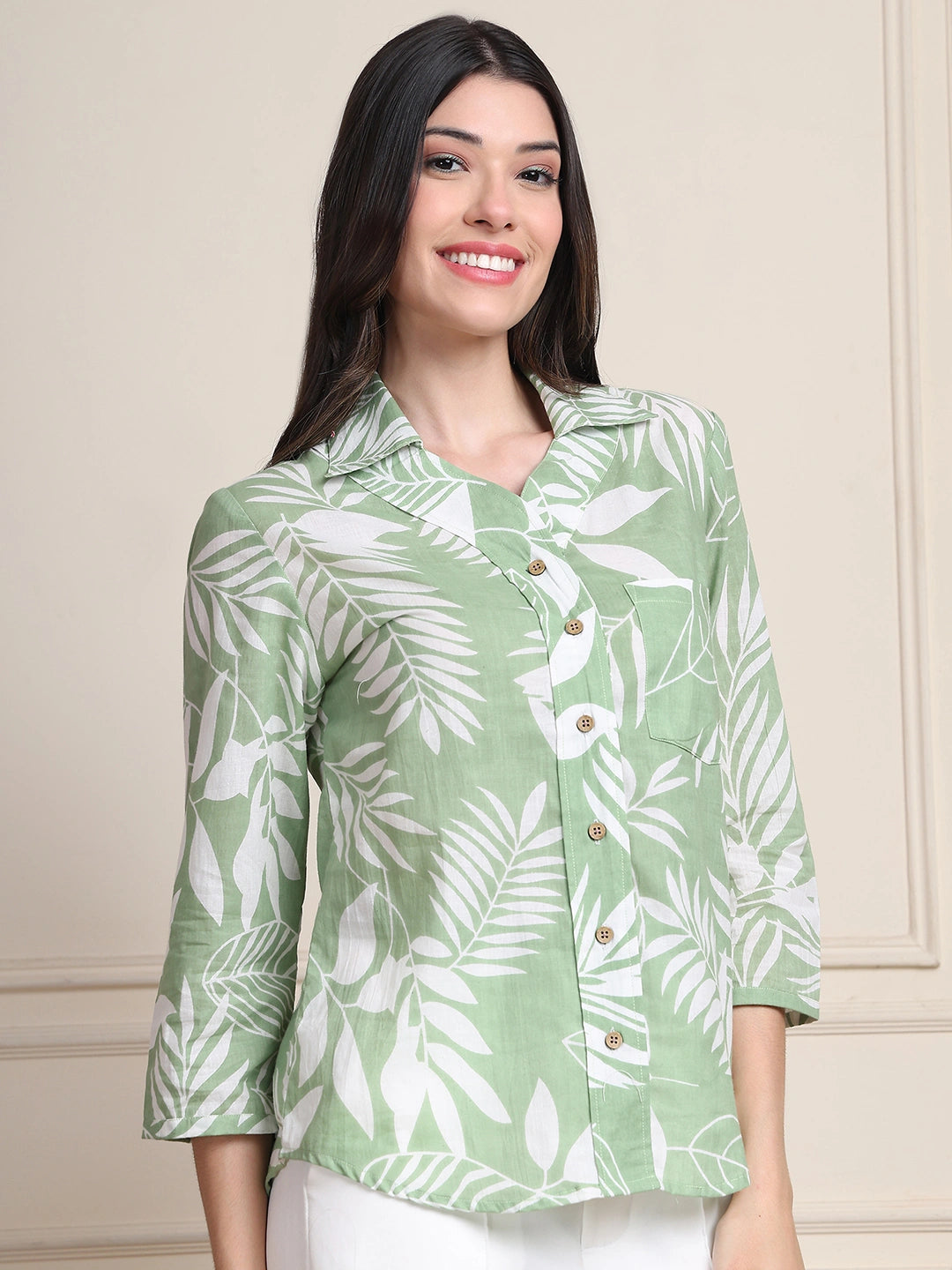 Sage Green Tropical Print Pure Cotton Shirt Style Top