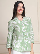 Sage Green Tropical Print Pure Cotton Shirt Style Top