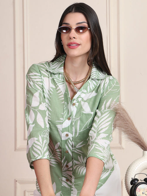 Sage Green Tropical Print Pure Cotton Shirt Style Top