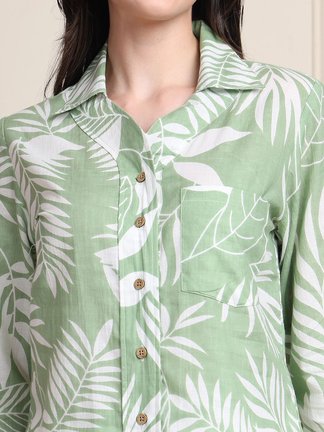 Sage Green Tropical Print Pure Cotton Shirt Style Top