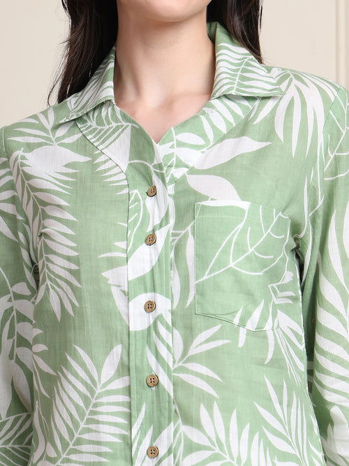Sage Green Tropical Print Pure Cotton Shirt Style Top