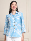 Sky Blue Tropical Print Pure Cotton Shirt Style Top