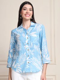 Sky Blue Tropical Print Pure Cotton Shirt Style Top