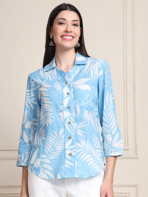 Sky Blue Tropical Print Pure Cotton Shirt Style Top
