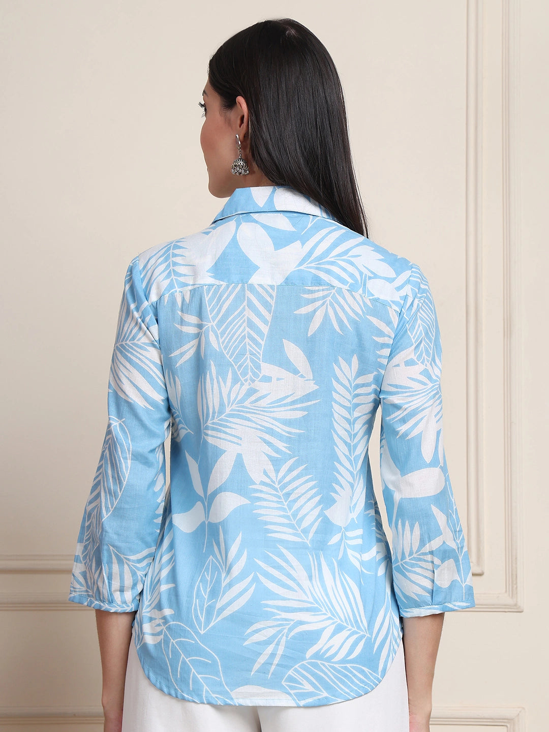 Sky Blue Tropical Print Pure Cotton Shirt Style Top