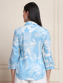 Sky Blue Tropical Print Pure Cotton Shirt Style Top