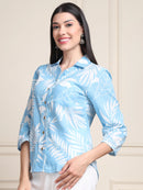 Sky Blue Tropical Print Pure Cotton Shirt Style Top