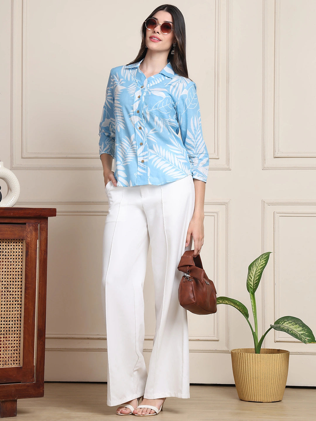Sky Blue Tropical Print Pure Cotton Shirt Style Top