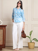 Sky Blue Tropical Print Pure Cotton Shirt Style Top