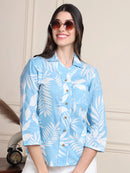 Sky Blue Tropical Print Pure Cotton Shirt Style Top