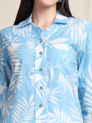 Sky Blue Tropical Print Pure Cotton Shirt Style Top