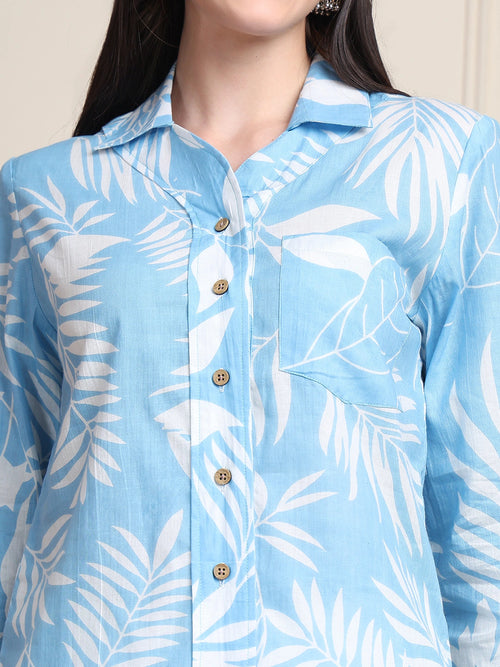 Sky Blue Tropical Print Pure Cotton Shirt Style Top