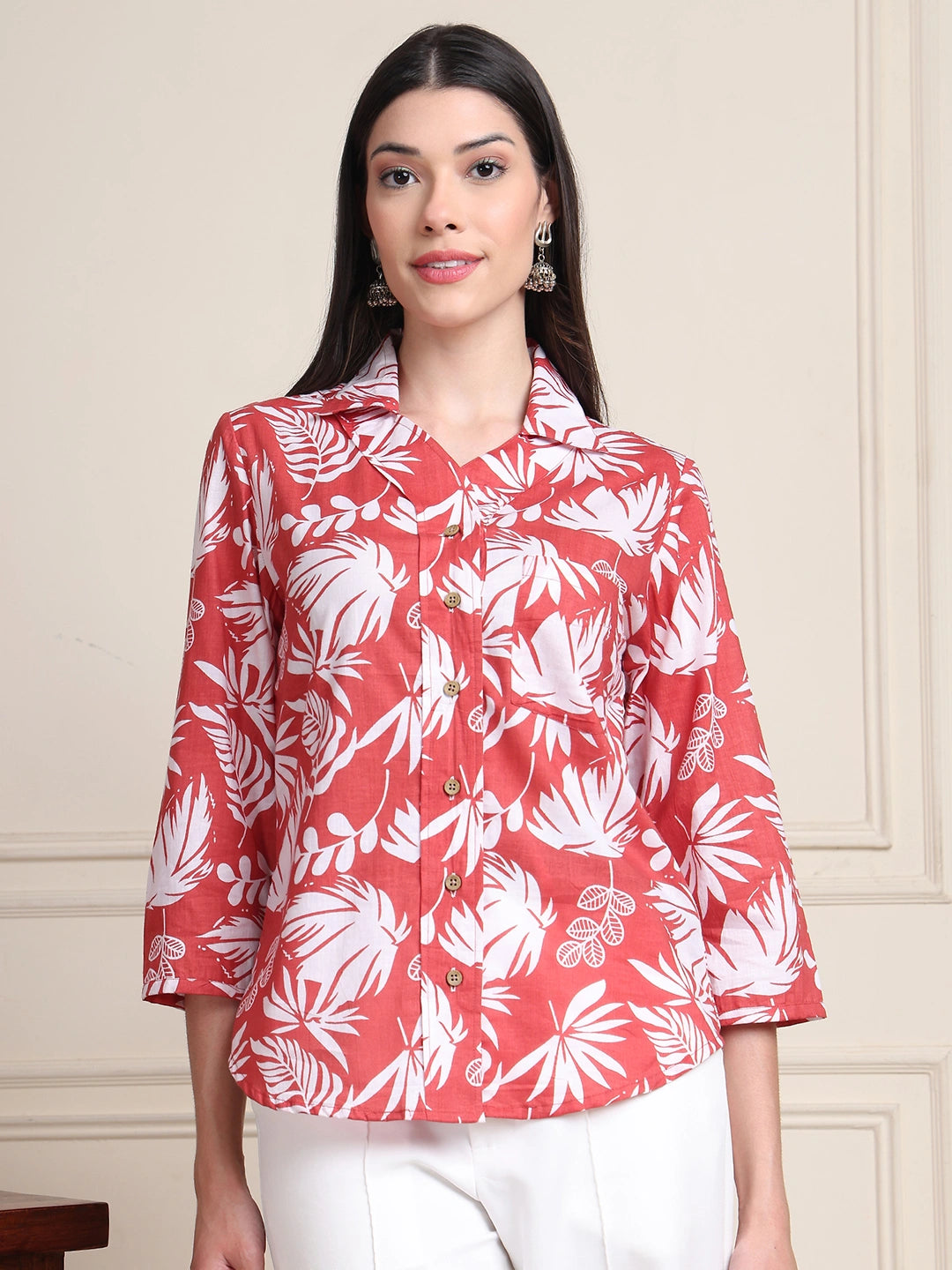 Coral Tropical Print Pure Cotton Shirt Style Top
