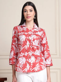 Coral Tropical Print Pure Cotton Shirt Style Top