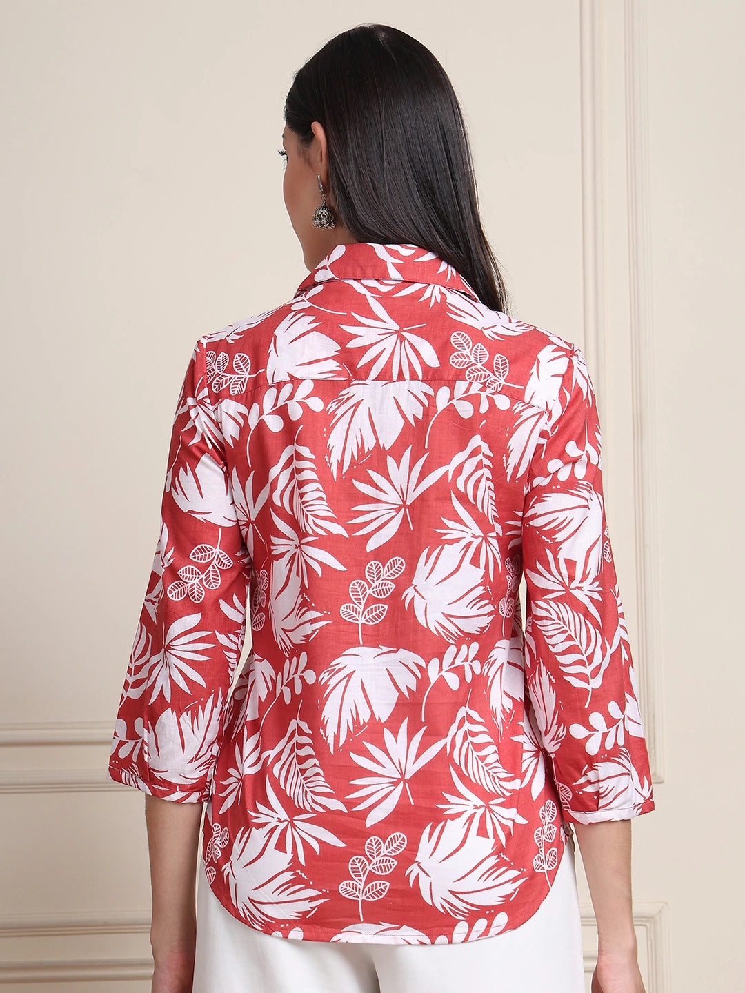 Coral Tropical Print Pure Cotton Shirt Style Top