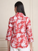 Coral Tropical Print Pure Cotton Shirt Style Top