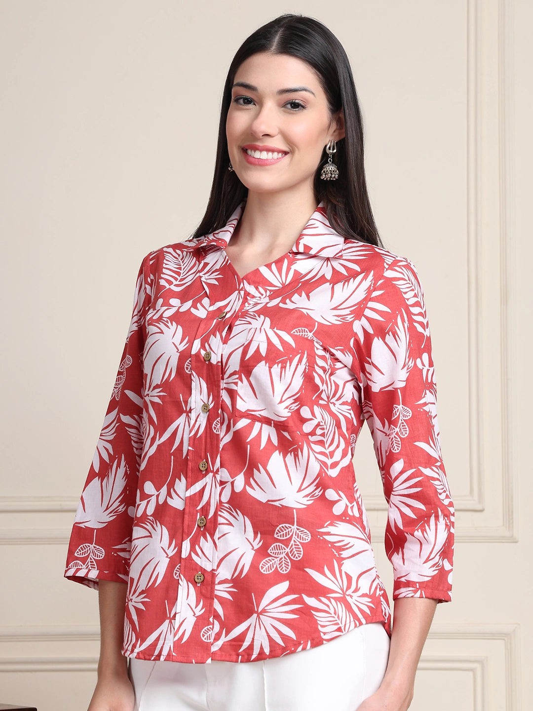 Coral Tropical Print Pure Cotton Shirt Style Top