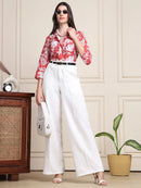 Coral Tropical Print Pure Cotton Shirt Style Top