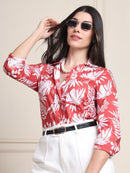 Coral Tropical Print Pure Cotton Shirt Style Top