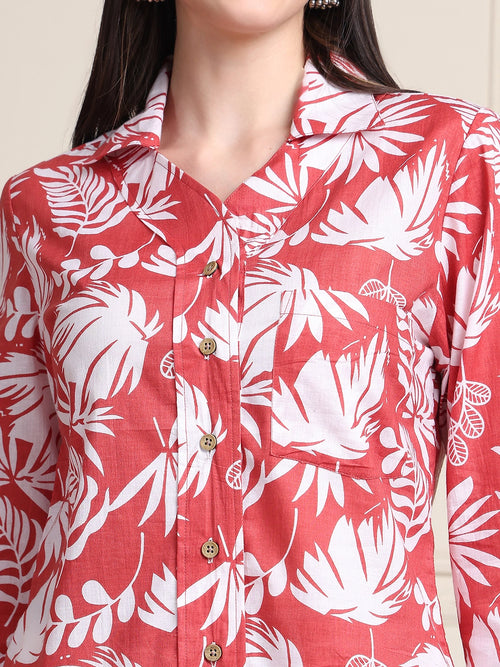Coral Tropical Print Pure Cotton Shirt Style Top