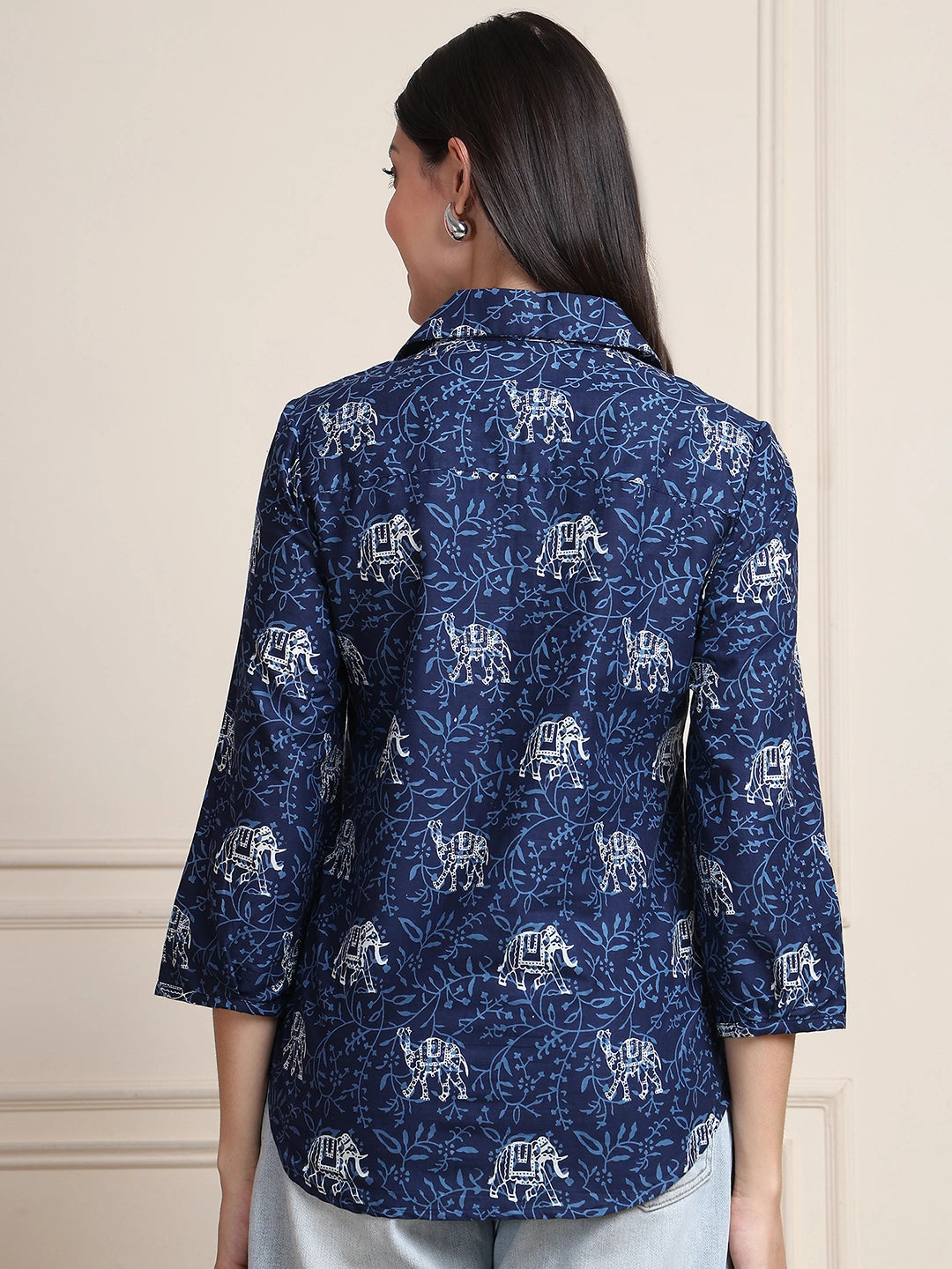 Navy Ethnic Animal Print Pure Cotton Shirt Style Top