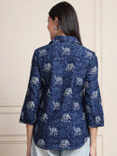 Navy Ethnic Animal Print Pure Cotton Shirt Style Top