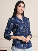 Navy Ethnic Animal Print Pure Cotton Shirt Style Top