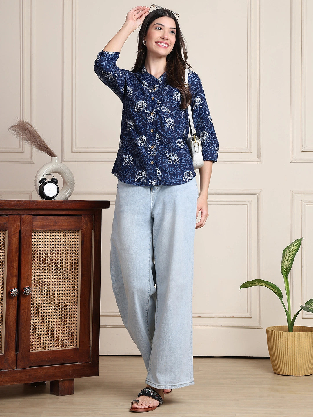 Navy Ethnic Animal Print Pure Cotton Shirt Style Top