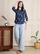 Navy Ethnic Animal Print Pure Cotton Shirt Style Top