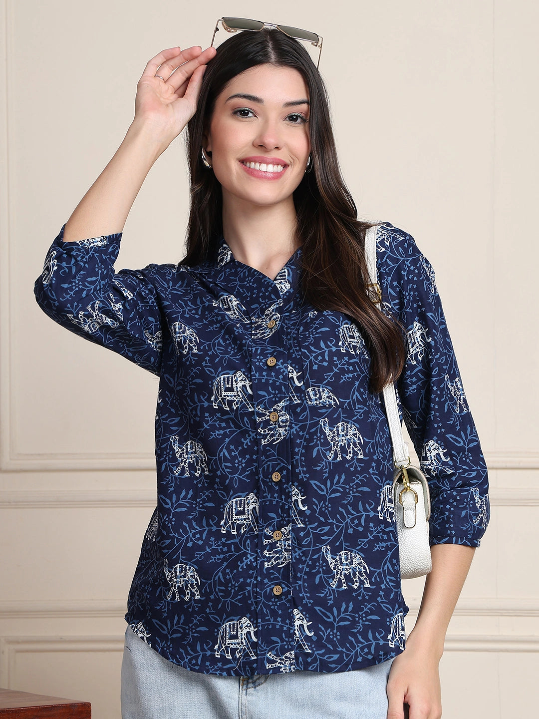 Navy Ethnic Animal Print Pure Cotton Shirt Style Top