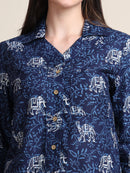 Navy Ethnic Animal Print Pure Cotton Shirt Style Top