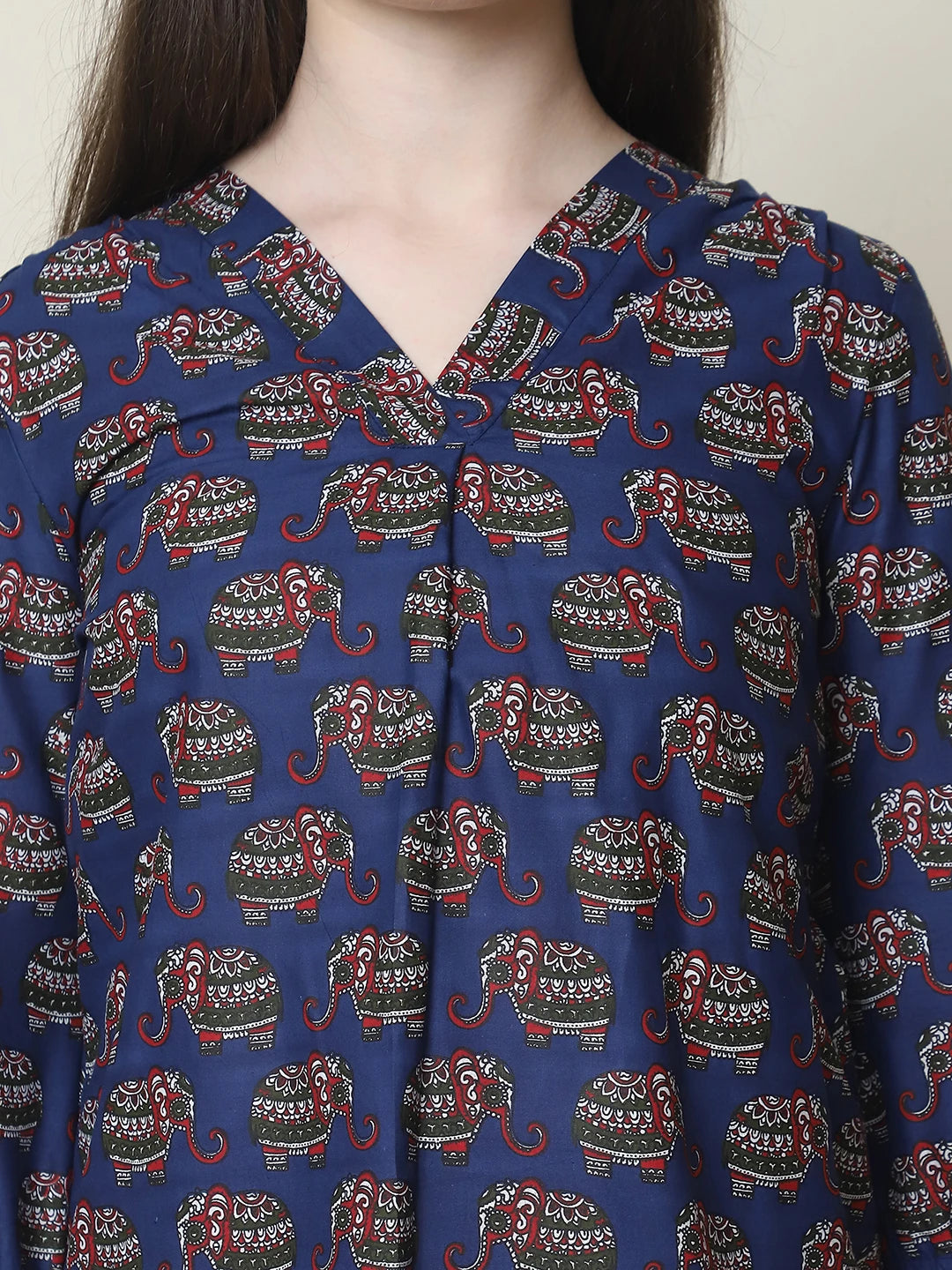Frempy Women Navy Blue Elephant Printed Pure Cotton Top