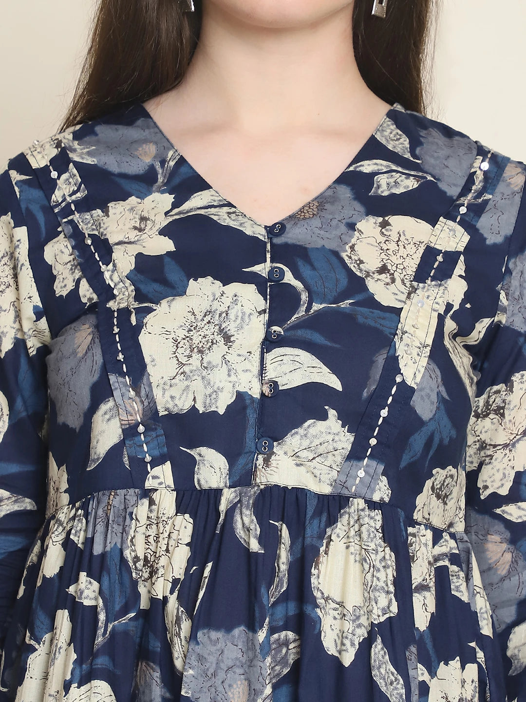 Frempy Women Navy Blue Floral Pure Cotton Tops