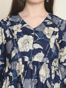 Frempy Women Navy Blue Floral Pure Cotton Tops
