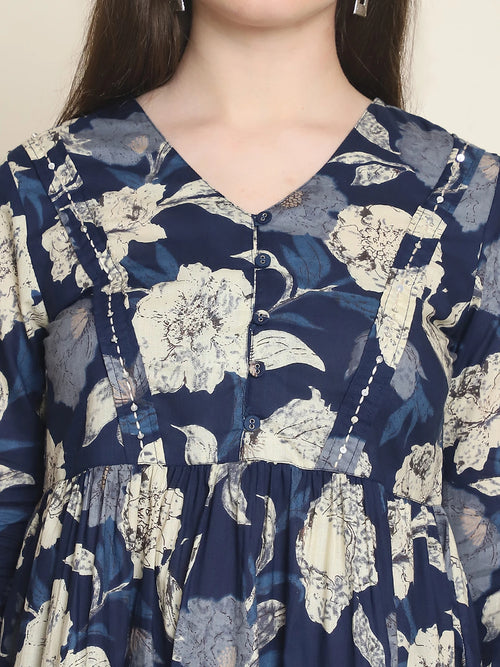 Frempy Women Navy Blue Floral Pure Cotton Tops