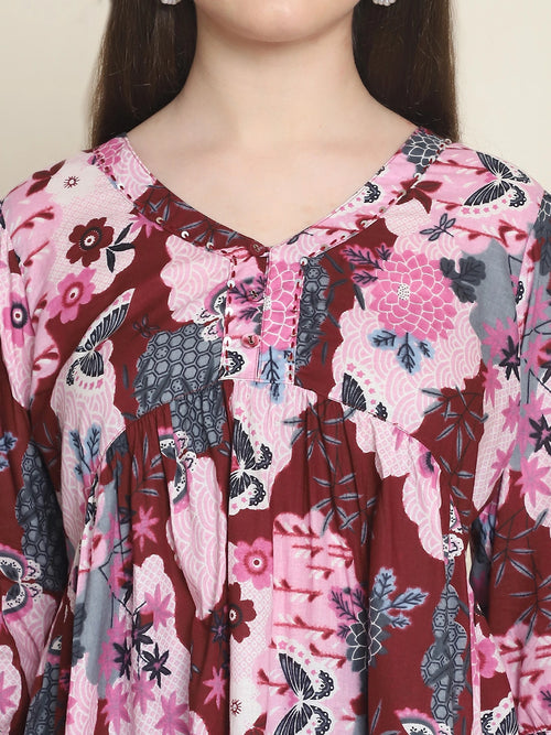 Frempy Women Maroon Printed Pure Cotton Top