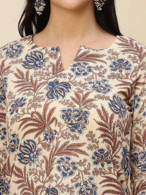 Cream Floral Printed V-Neck Pure Cotton Short Kurti