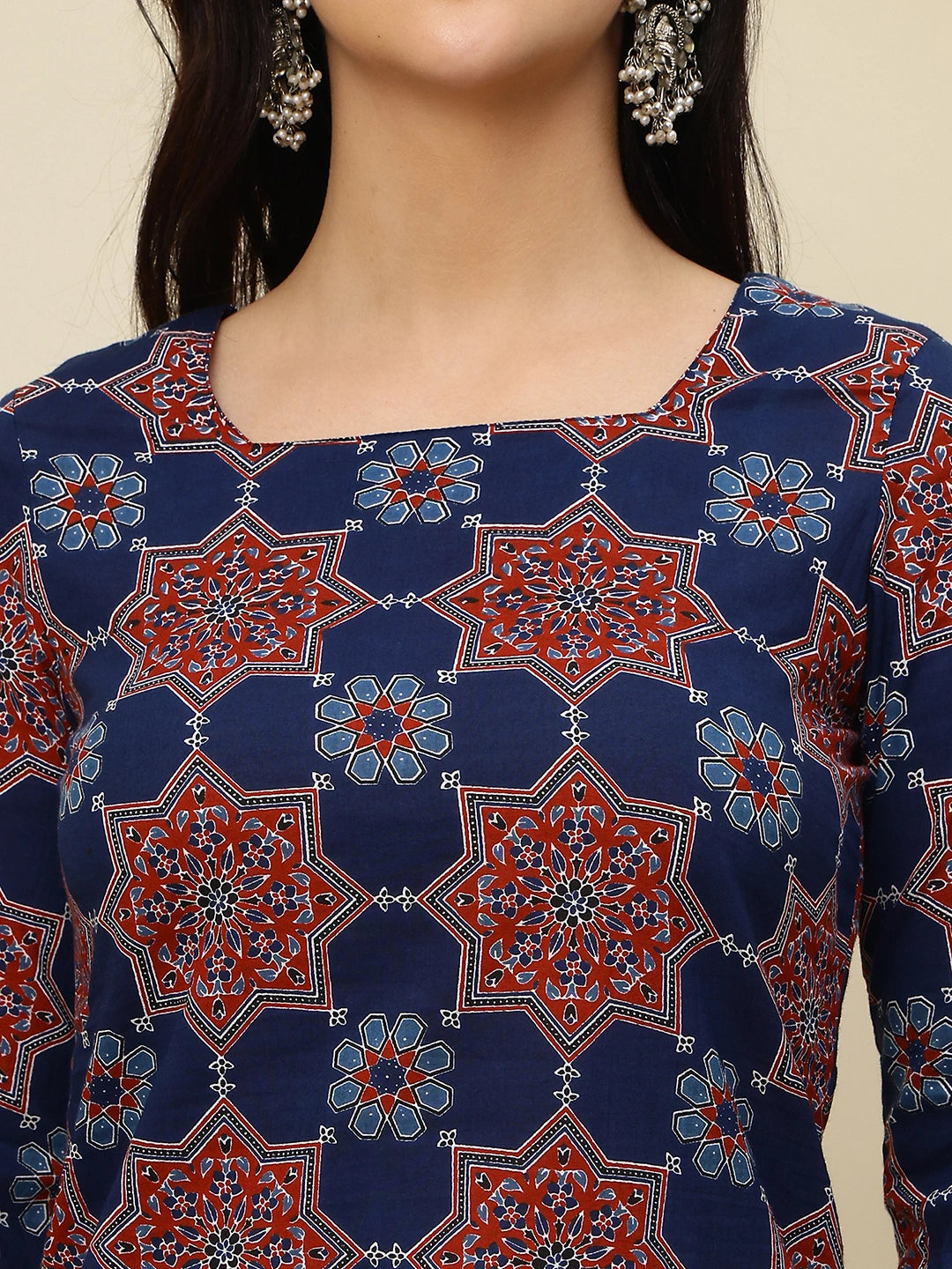 Navy Blue Ajrakh Printed A-Line Pure Cotton Short Kurti