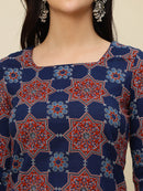 Navy Blue Ajrakh Printed A-Line Pure Cotton Short Kurti