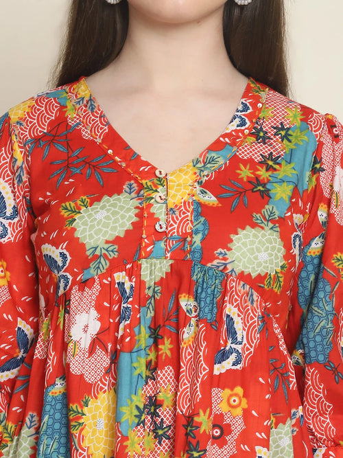 Frempy Women Red Printed Pure Cotton Top
