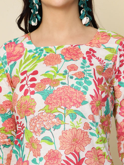 White Floral Printed  A-Line Pure Cotton Short Kurti