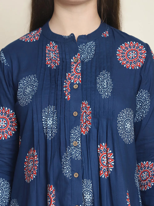 Frempy Women Navy Blue Mandala Floral Printed Pure Cotton Top