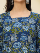 Teal Blue Floral Bell Sleeve Pure Cotton Short Kurti