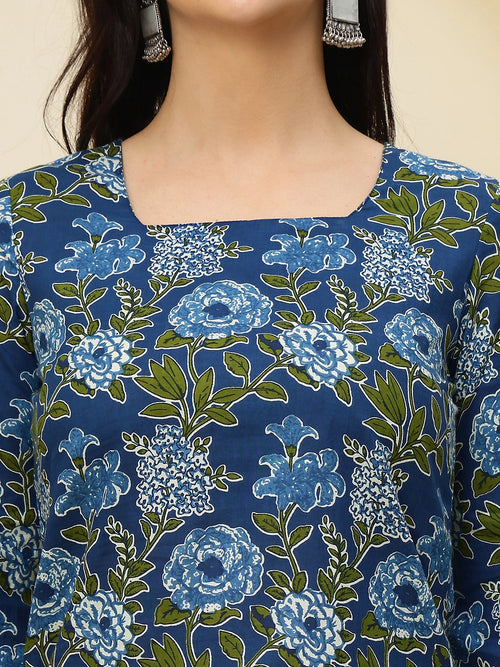 Teal Blue Floral Bell Sleeve Pure Cotton Short Kurti