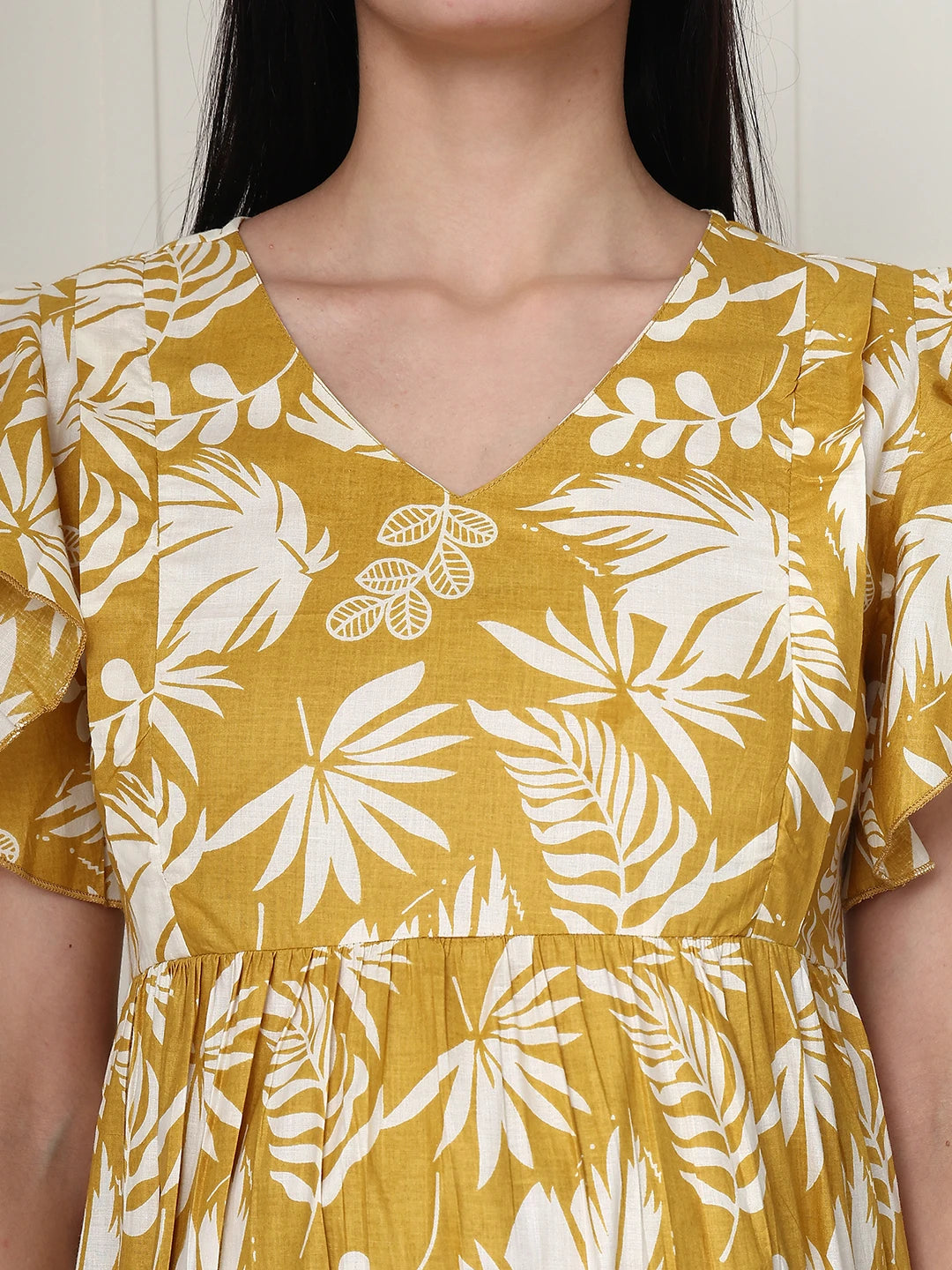 Frempy Women Yellow Floral Printed Maternity Midi Dress