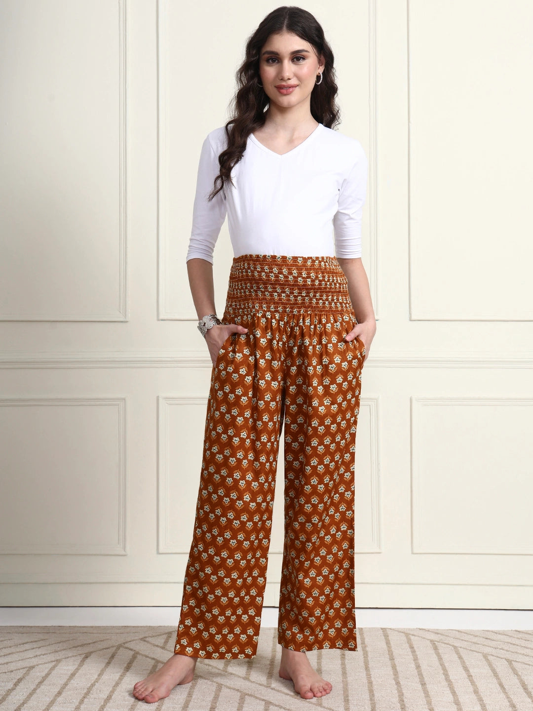 Frempy Rust Brown Floral Print Smocked Waist Pure Cotton Maternity Trousers